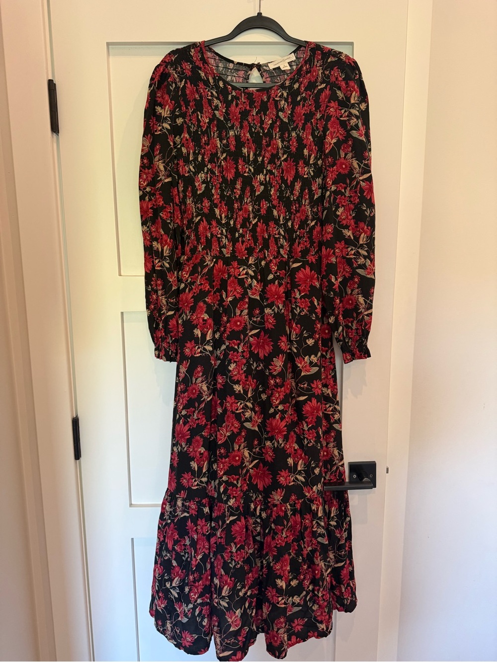 Treasure & Bond Black Maxi Dress with Red Floral Print and Green Leaves